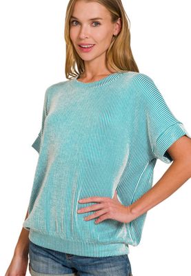 ZENANA CORDED RIB SHORT SLEEVE TOP