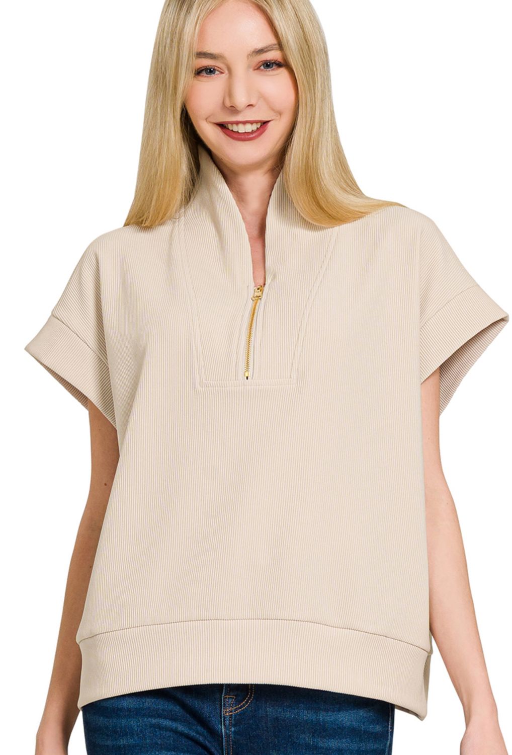 ZENANA  RIBBED HIGH NECK  HALF ZIP TOP
