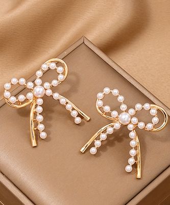Gold Pearl Embellished Alloy Bow Earrings