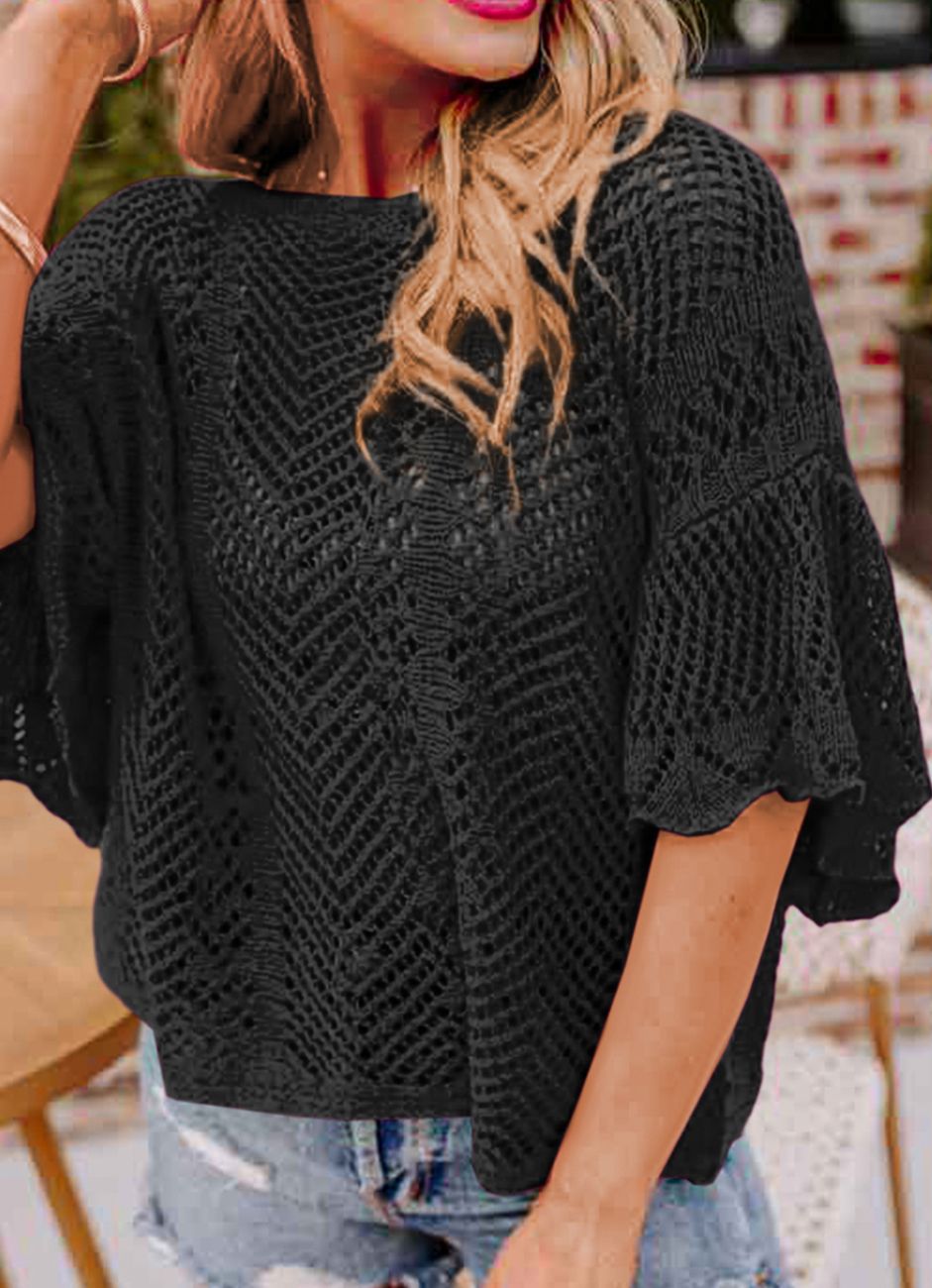 Pointelle Knit BlackScallop Edge Short Sleeve Top