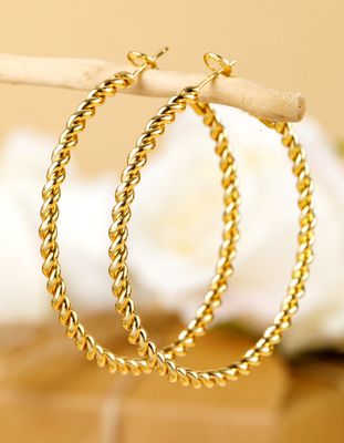 Gold Twisted Detail Plated Alloy Large Hoop Earrings