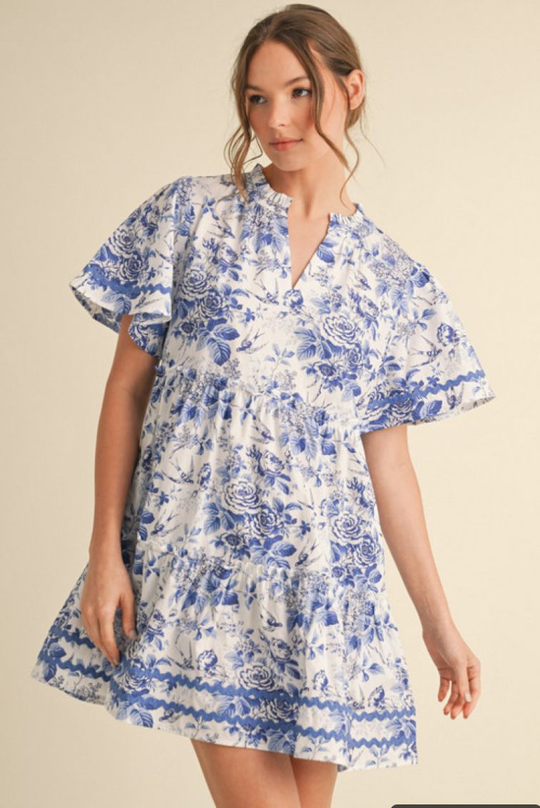 Jodifl Print baby doll dress w/swirl trim detail