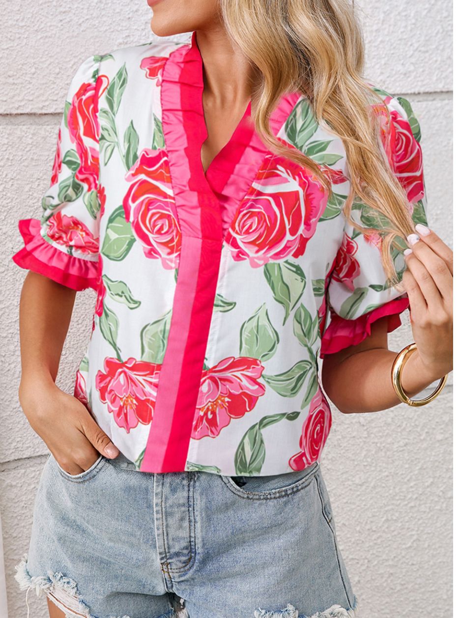 Rose Floral Frilled V Neck Short Sleeve Blouse Top