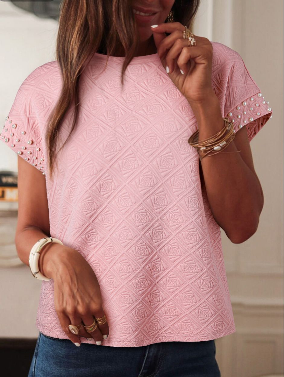 Pearl Embellished Flower Textured T Shirt