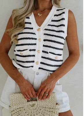 Stripe V Neck Gold Buttons Elegant Sweater Vest