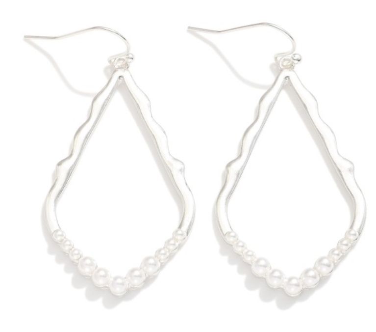 Wavy Metal Teardrop Drop Earrings w/pearl detail