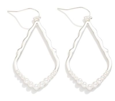 Wavy Metal Teardrop Drop Earrings w/pearl detail