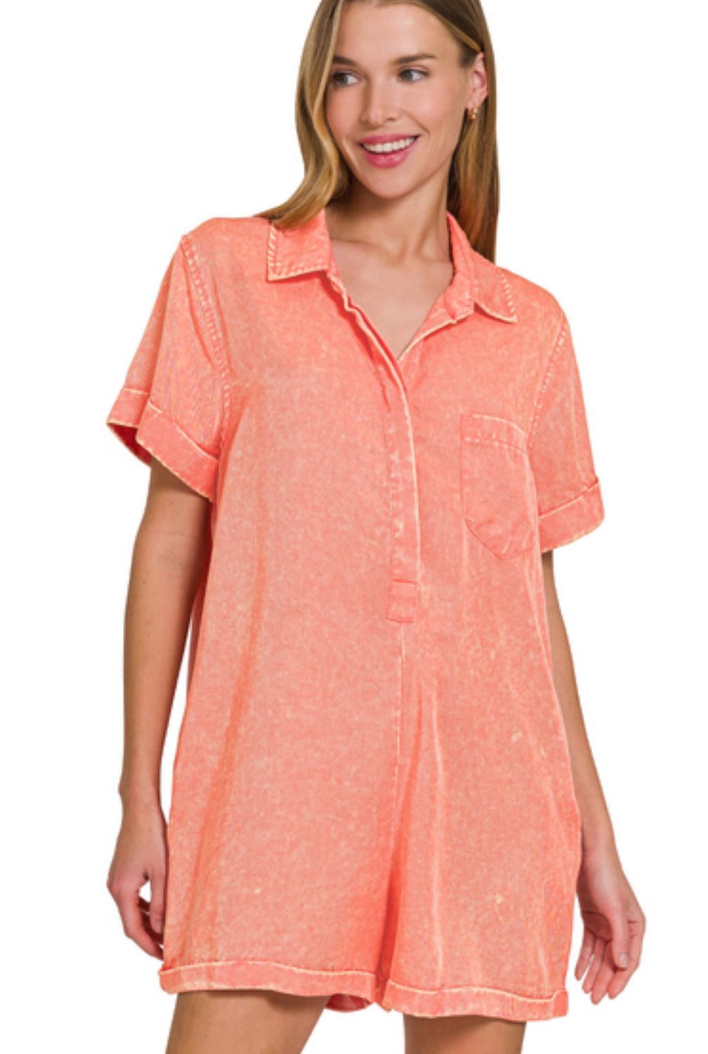 Zenana Tencel Mineral Washed Half button romper