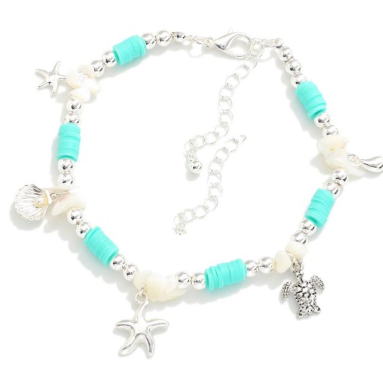 Heishi Beaded Anklet w/starfish, turtle, charms