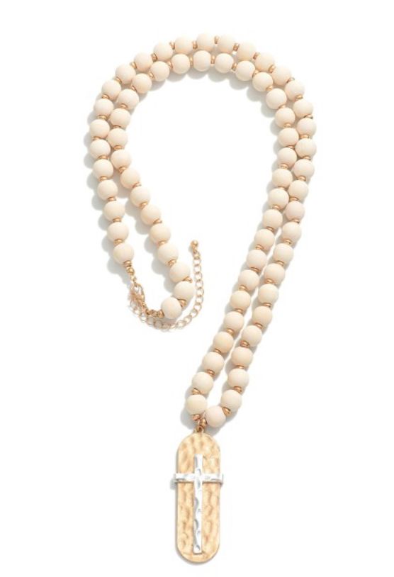 Wood Beaded Necklace w/hammered Cross Pendant