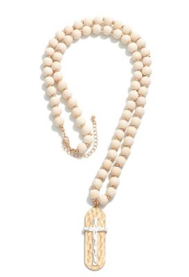 Wood Beaded Necklace w/hammered Cross Pendant