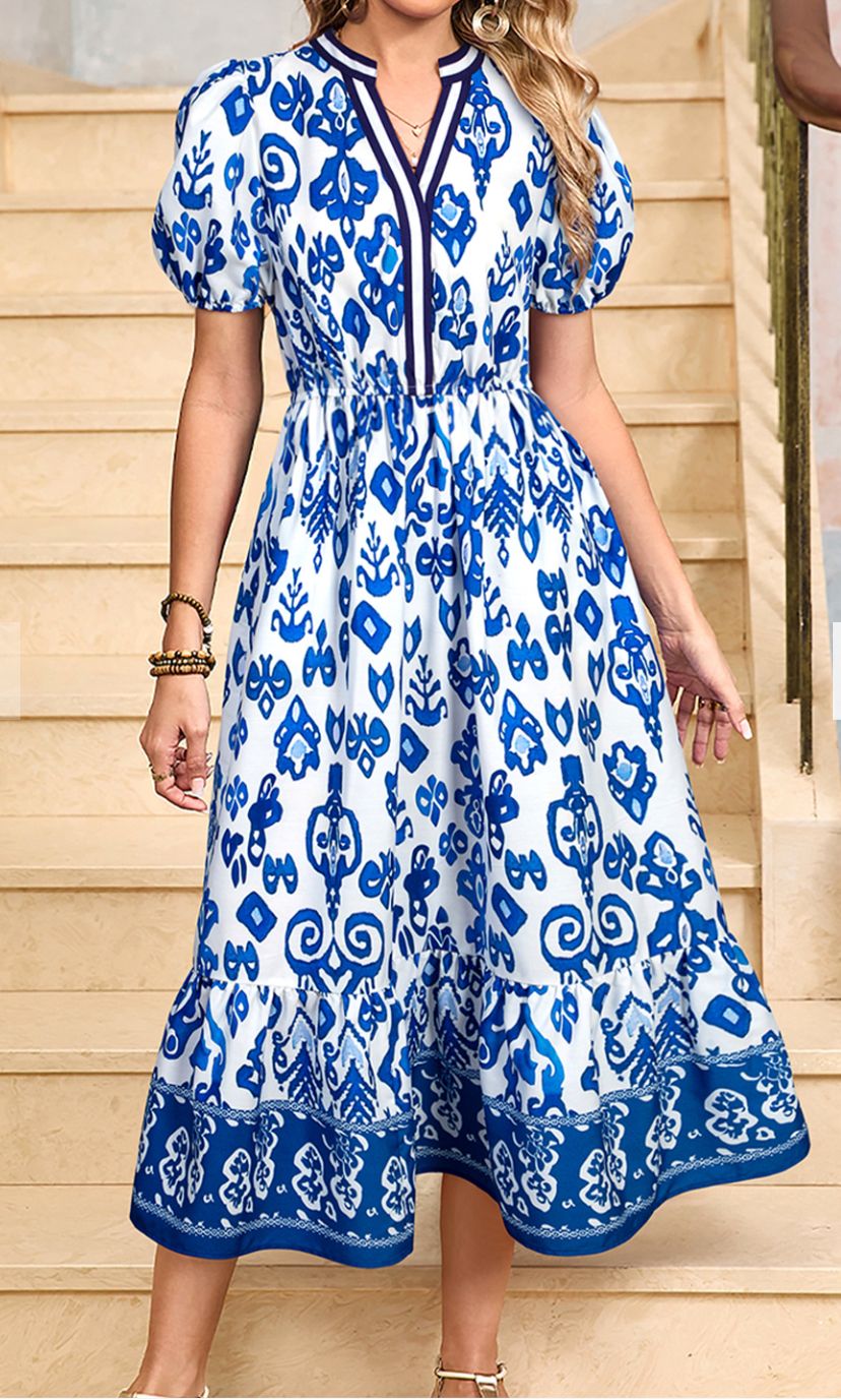 Puff Short Sleeve Vneck High Waist Maxi Dress