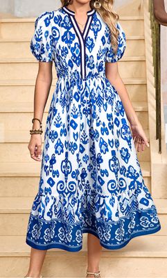 Puff Short Sleeve Vneck High Waist Maxi Dress