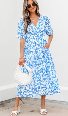 Floral Vneck Puff short sleeve flowy long dress