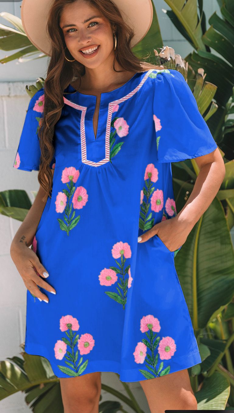 Split Neck short sleeve loose mini dress