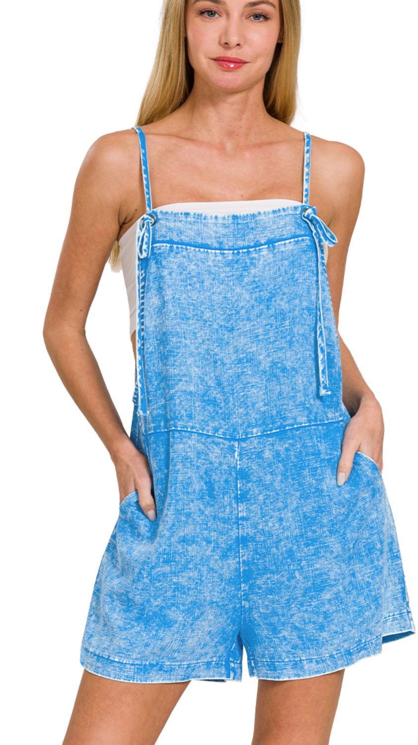 Zenana Washed Linen Knot Strap Rompers