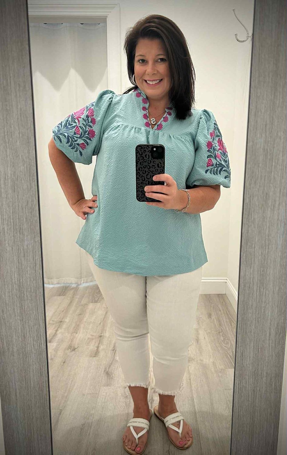 Umgee Split Neck Textured Blouse w/Floral Emb