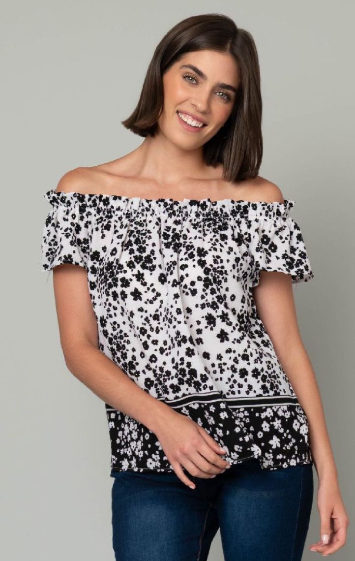 SMOCKED BORDER PRINT TOP