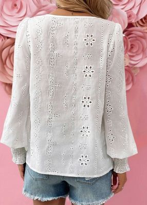 Eyelet Embroidered Smocked Cuff Sheer Blouse