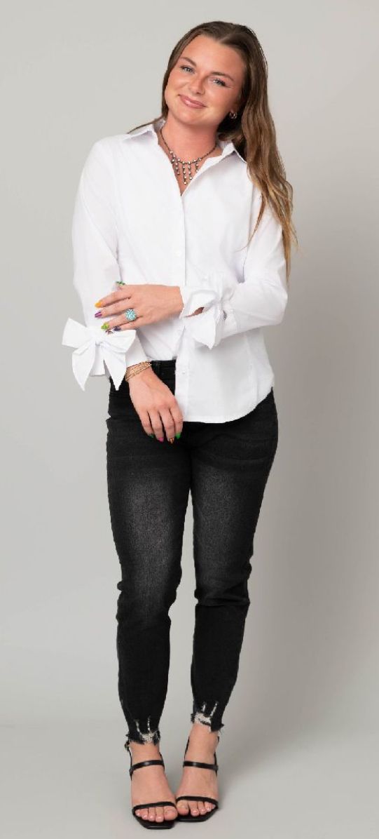 POPLIN BUTTON FRONT BLOUSE W/ BOW TIE CUFFS