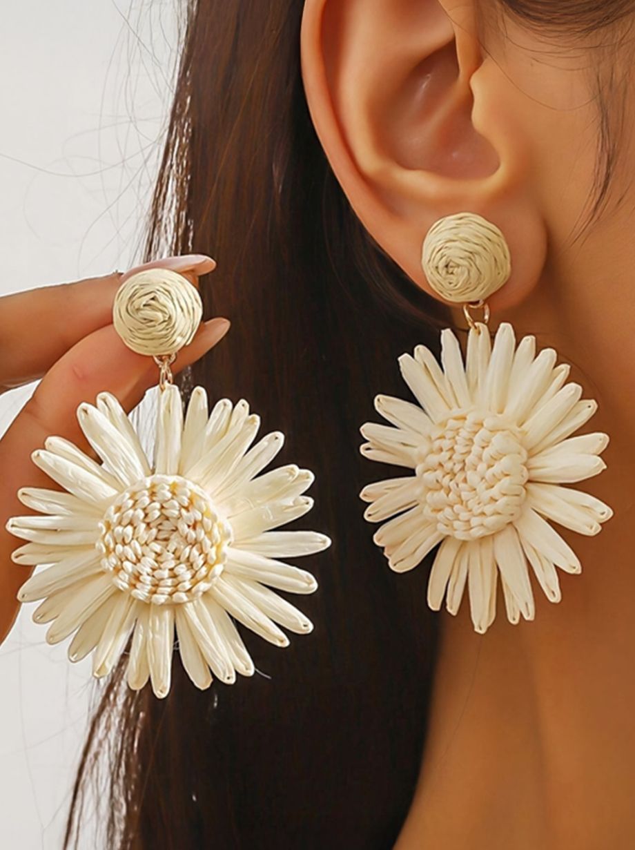 Boho Raffia Crochet Sunflower Dangle Earrings