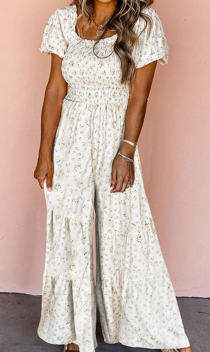 Boho Floral Smocked Wide Leg Short Puff Jumpsuit