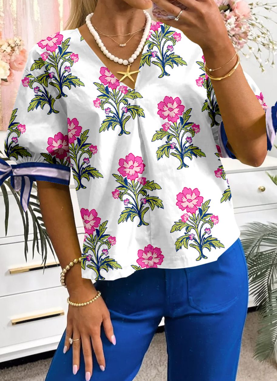Floral Colorblock Stripe Knot Bubble Sleeve V Neck