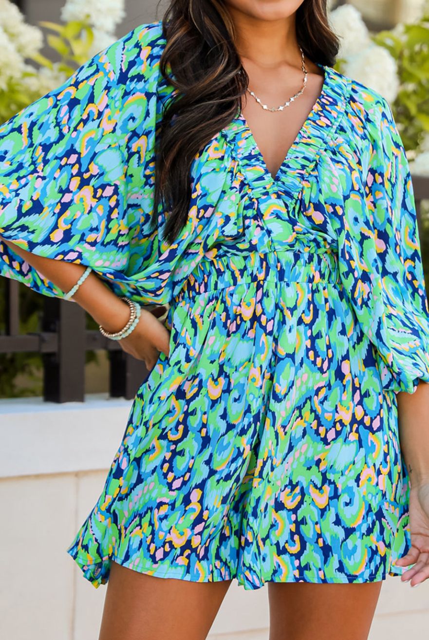 Abstract Print Puff Sleeve VNeck High Waist Rompe