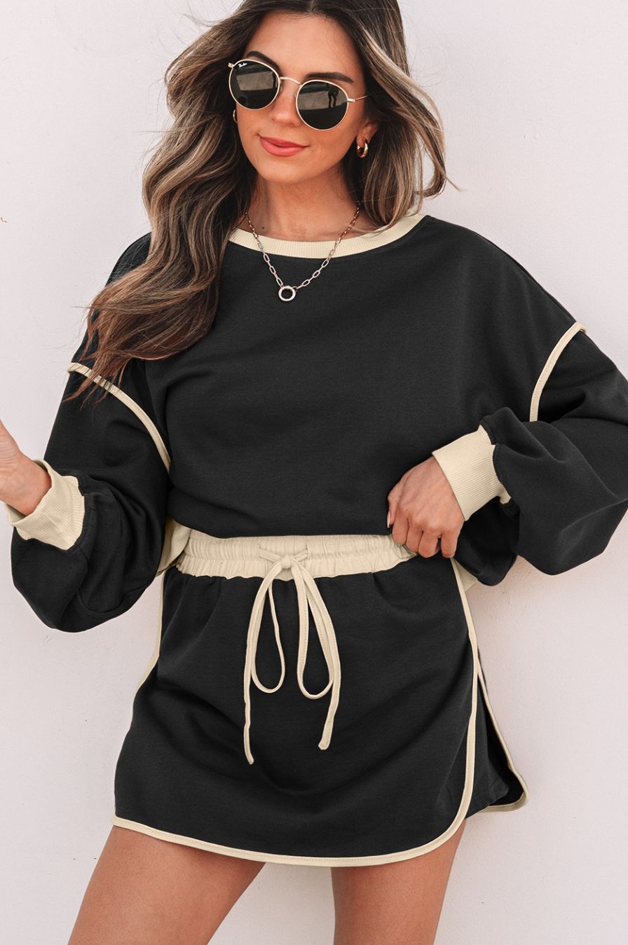 Contrast Loose Pullover and Laceup Waist Skort Set