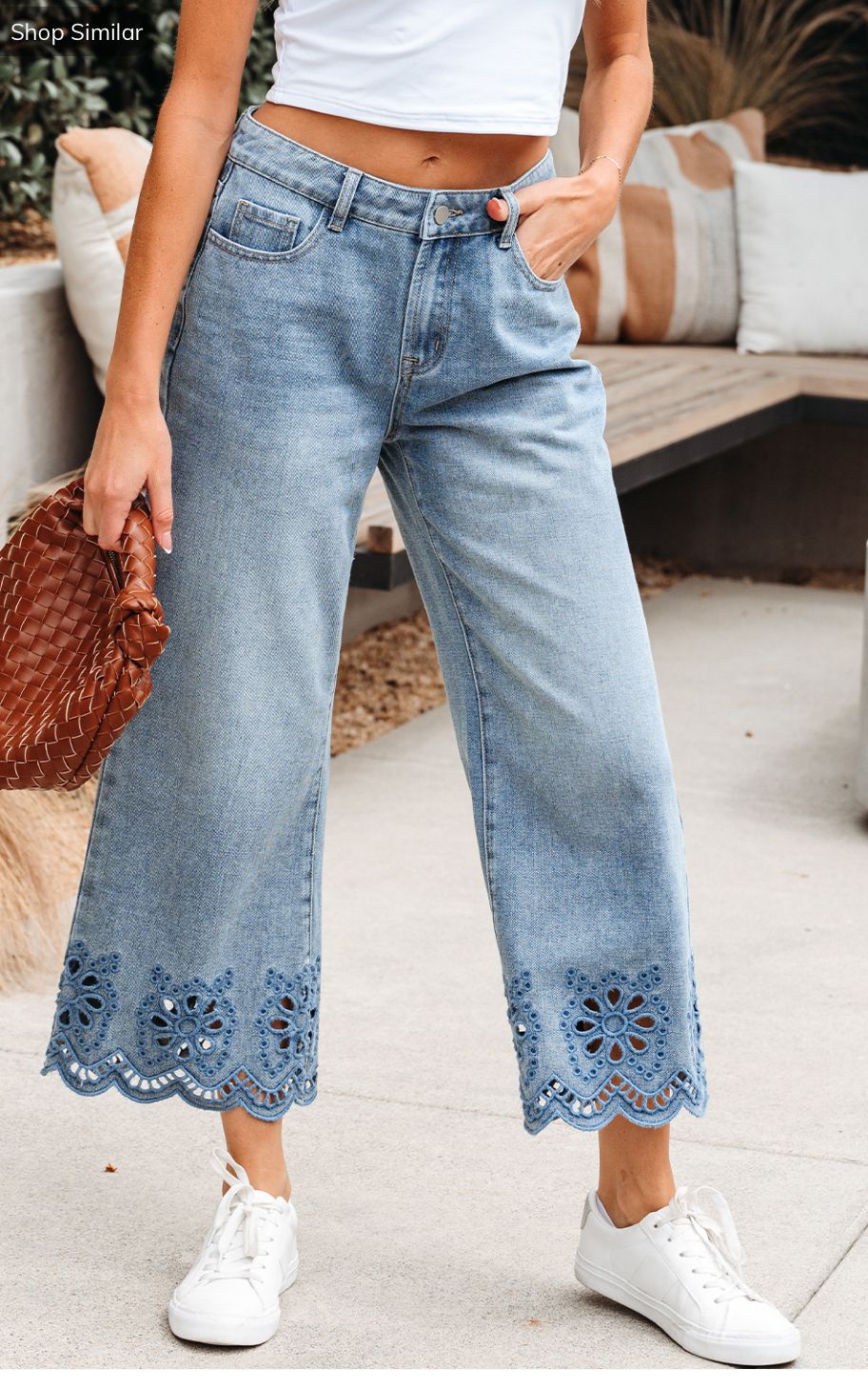 Embroidered Cropped Wide Leg High Waist Jeans