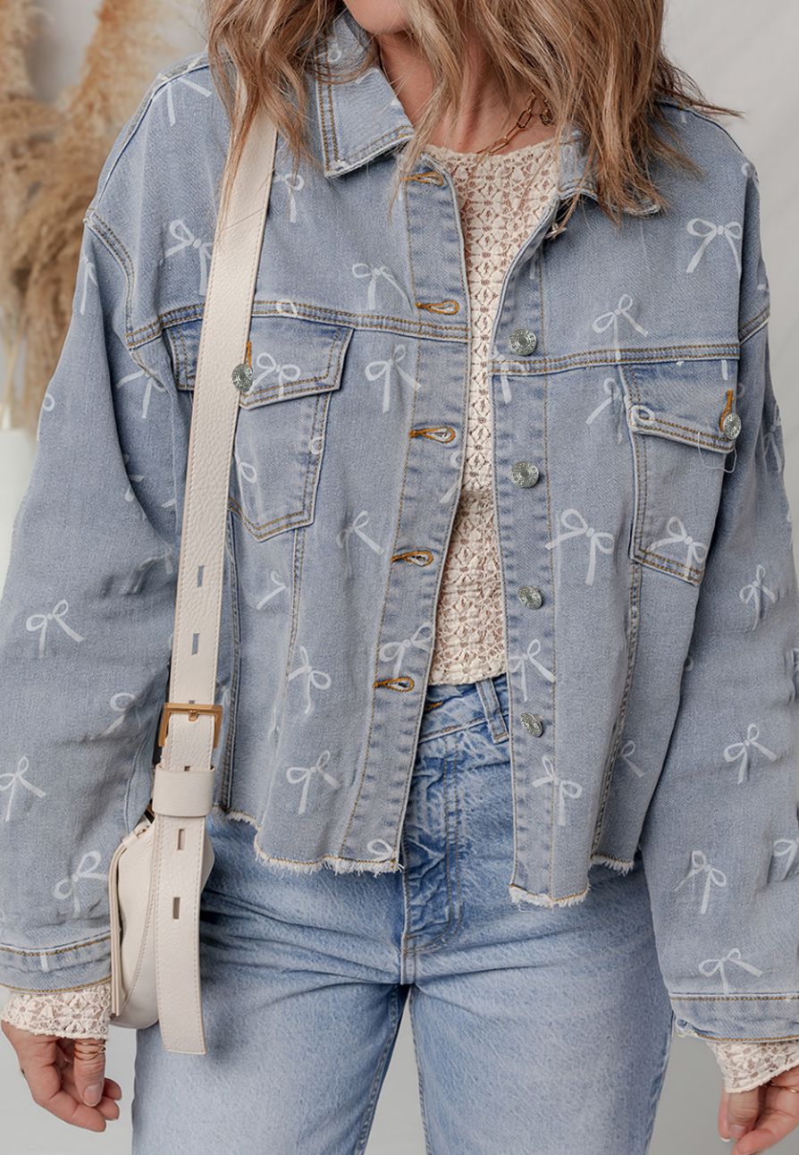 Bow Knot Print Light Wash Raw Hem Denim Jacket
