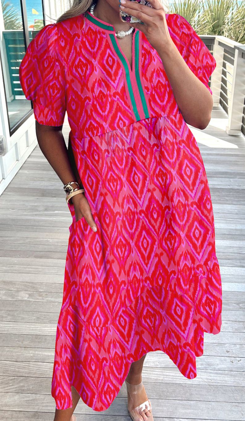 Allover Print Contrast Split Neckline puff SS dres