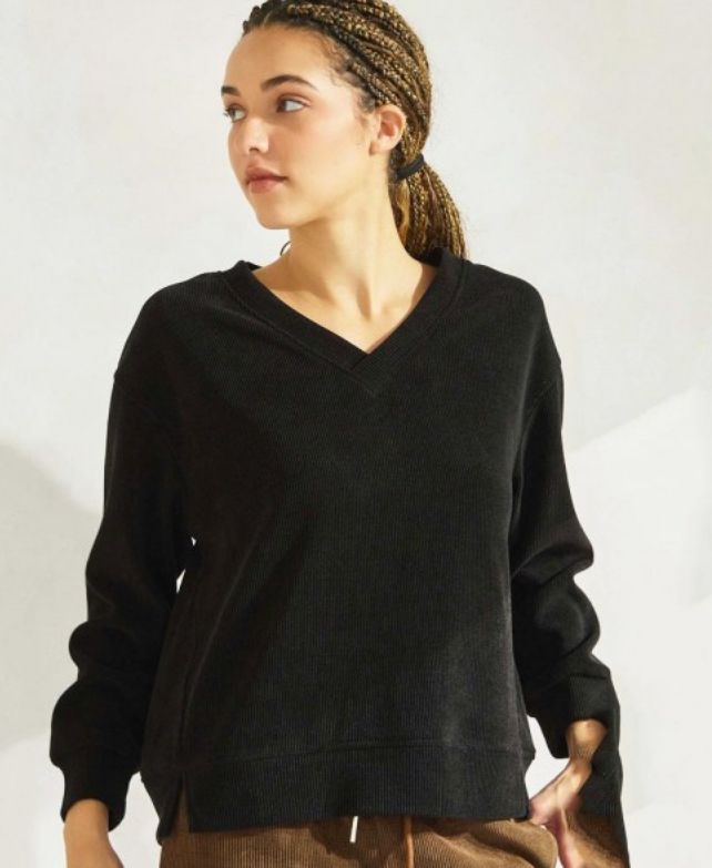 Women&#39;s V Neck Corduroy Long Sleeve Top