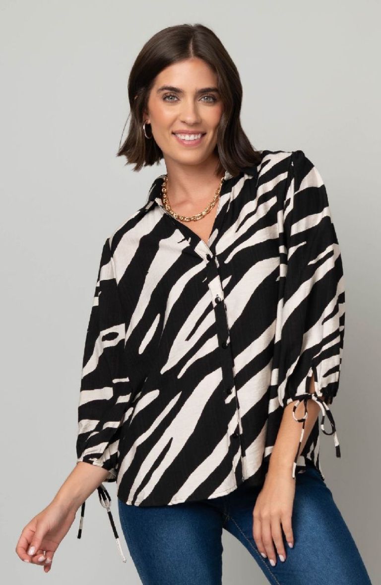 ZEBRA LINQUE BALLOON SLEEVE BUTTON FRONT BLOUSE