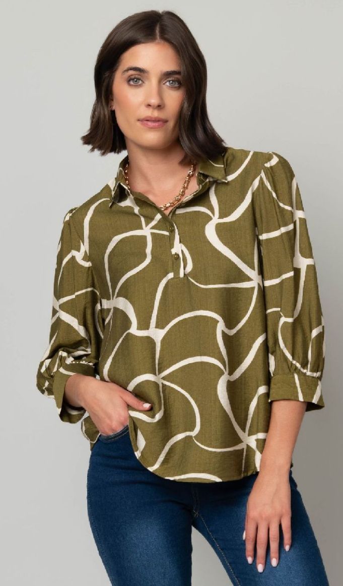 LINQUE BUTTON FRONT ELBOW PUFF SLEEVE BLOUSE