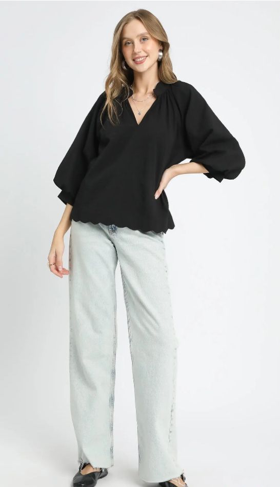 Umgee Split V Neck Top with Balloon Sleeves
