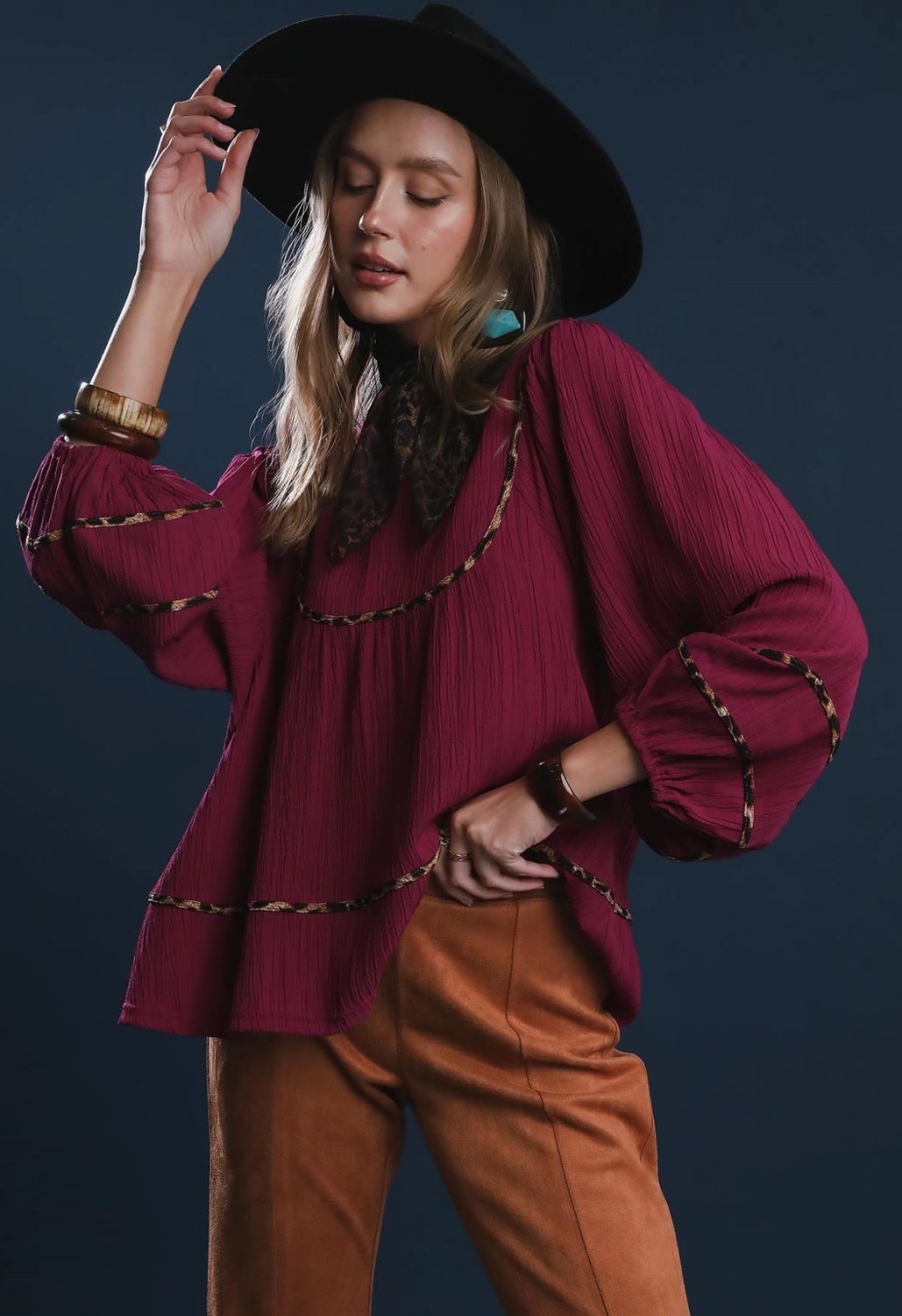 Umgee Texture Fabric Blouse w/animal print