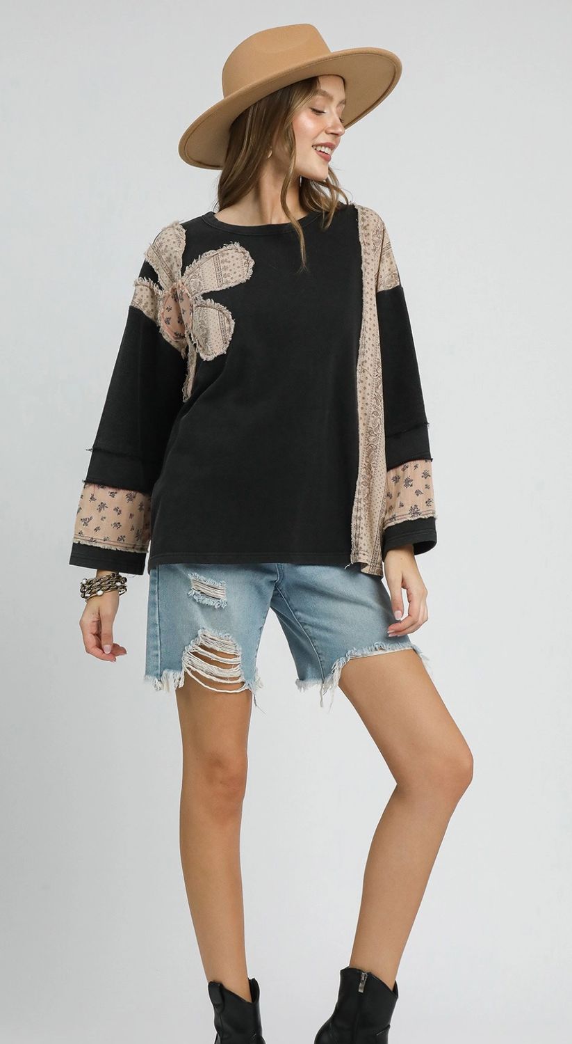 Umgee French Terry Patchwork Sleeve Pullover