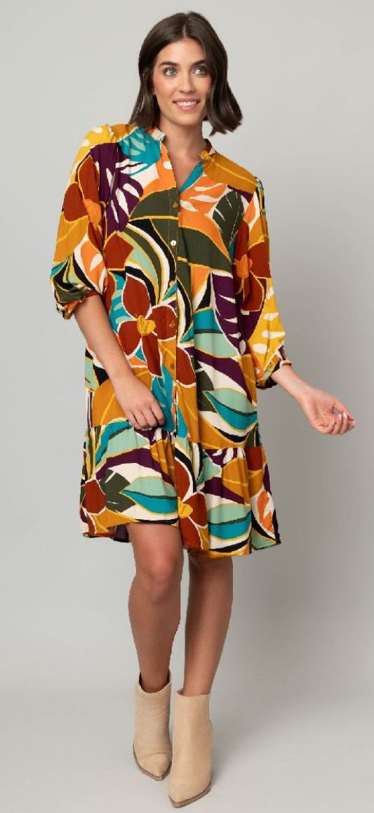 Challis Button Front Ruffle Hem Dress