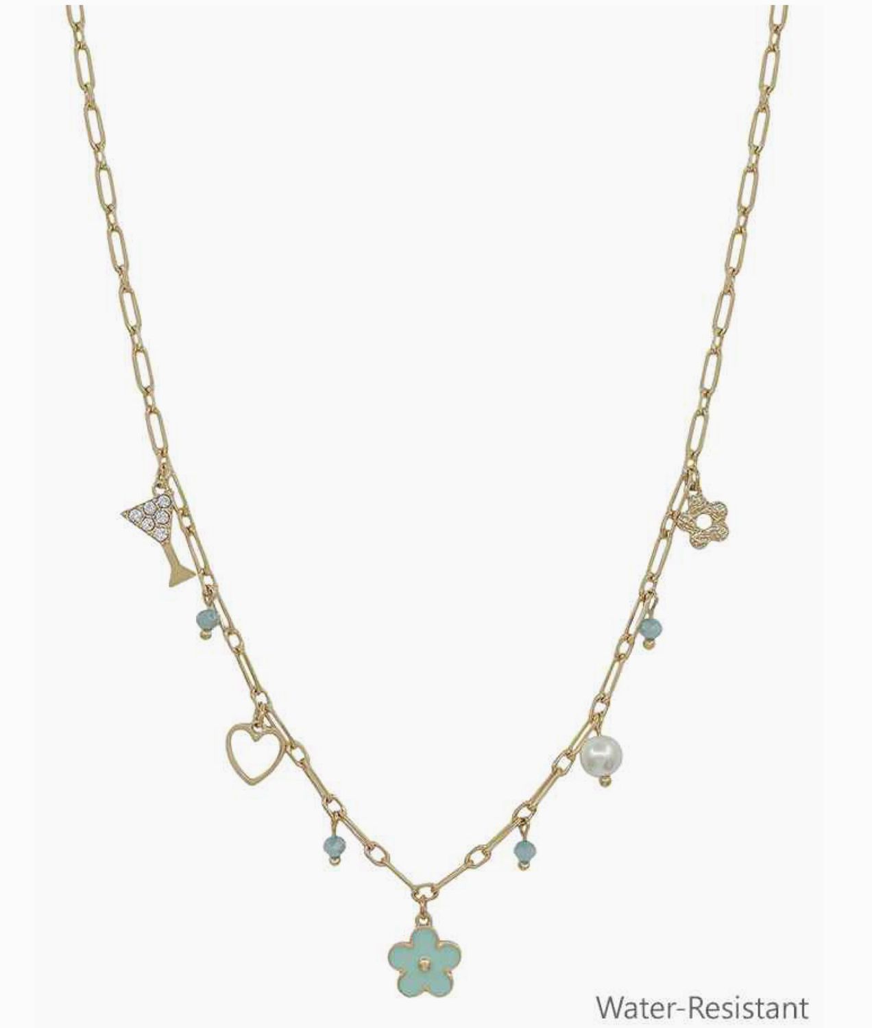 Water Resistant Mint Flower, Heart, Pearl Charm 16&quot;-18&quot; Necklace