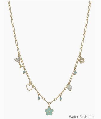 Water Resistant Mint Flower, Heart, Pearl Charm 16&quot;-18&quot; Necklace