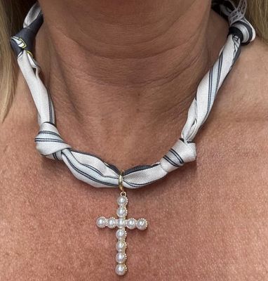 Grey and White Knotted Scarf with Pearl Bubble Cross Removable Charm Necklace