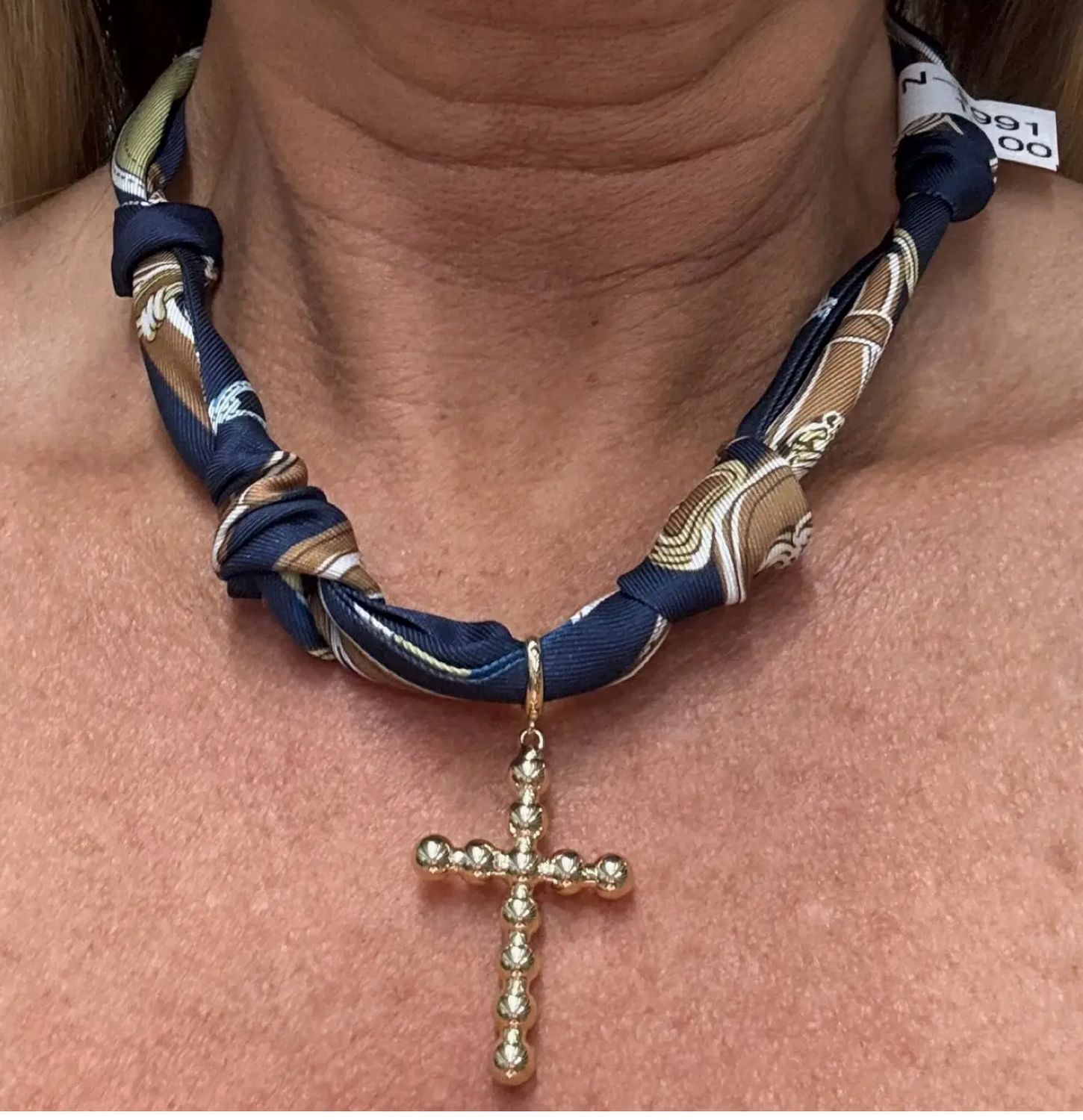 Navy and Brown Knotted Scarf with Bubble Cross Removable Charm Necklace