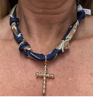 Navy and Brown Knotted Scarf with Bubble Cross Removable Charm Necklace