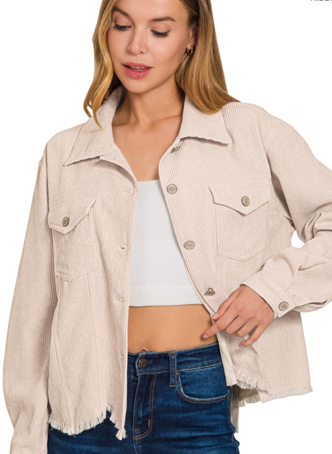 DISTRESSED CORDUROY FRAYED HEM CROPPED JACKET