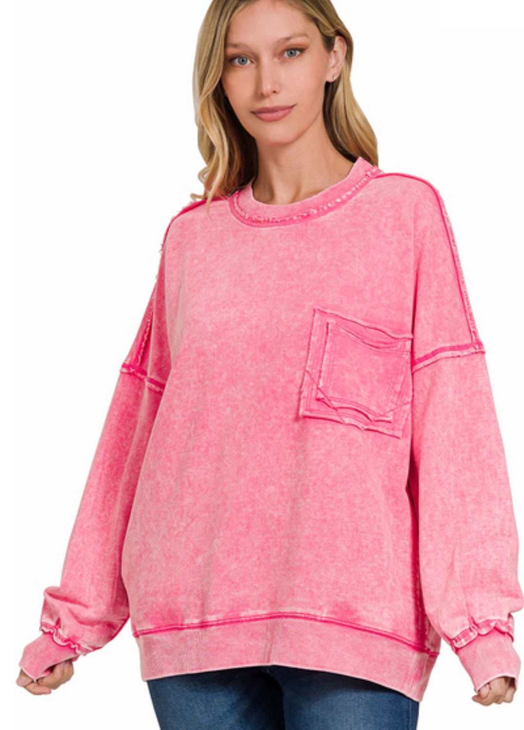 Zenana French Terry Acid Wash Front Pocket Pullove