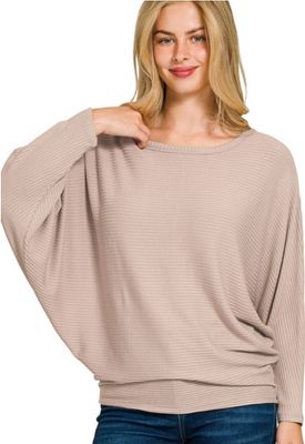 RIBBED BATWING LONG SLEEVE BOAT NECK SWEATER