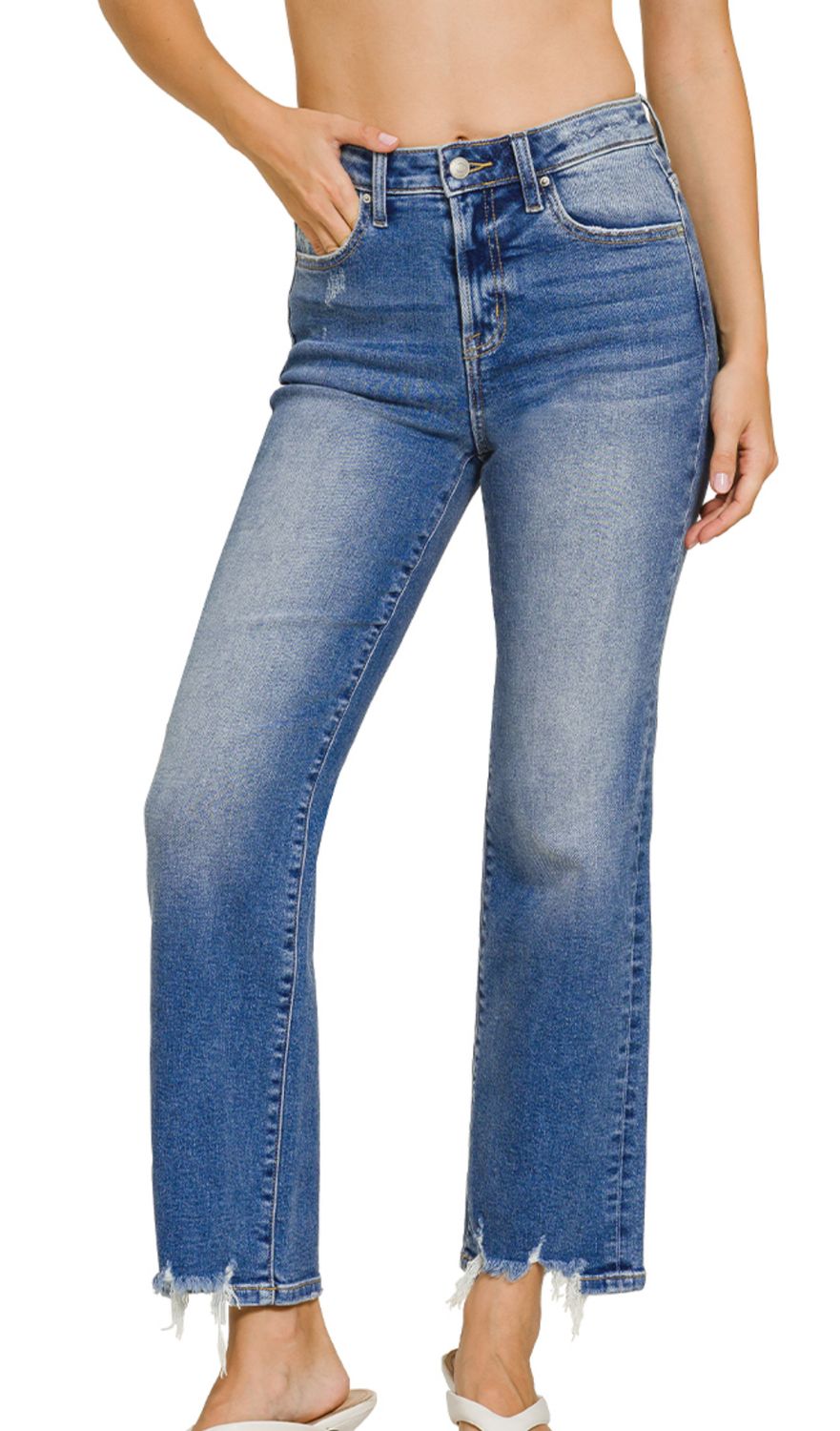 Zenana DISTRESSED HEM DENIM PANTS