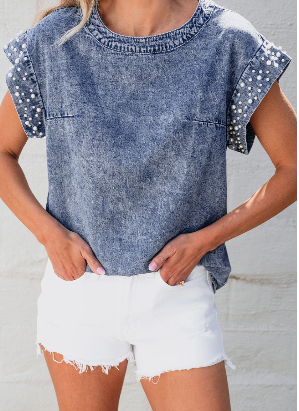 Acid Wash Pearl Embellishments O-neck Denim Top
