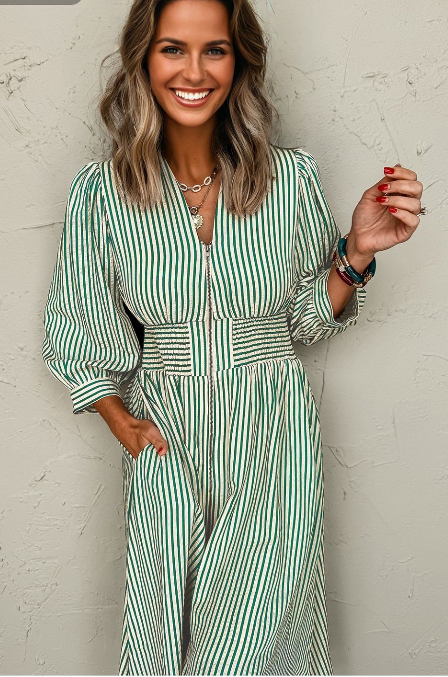 V Neck Zip Front Cinched High Waist Midi Dress